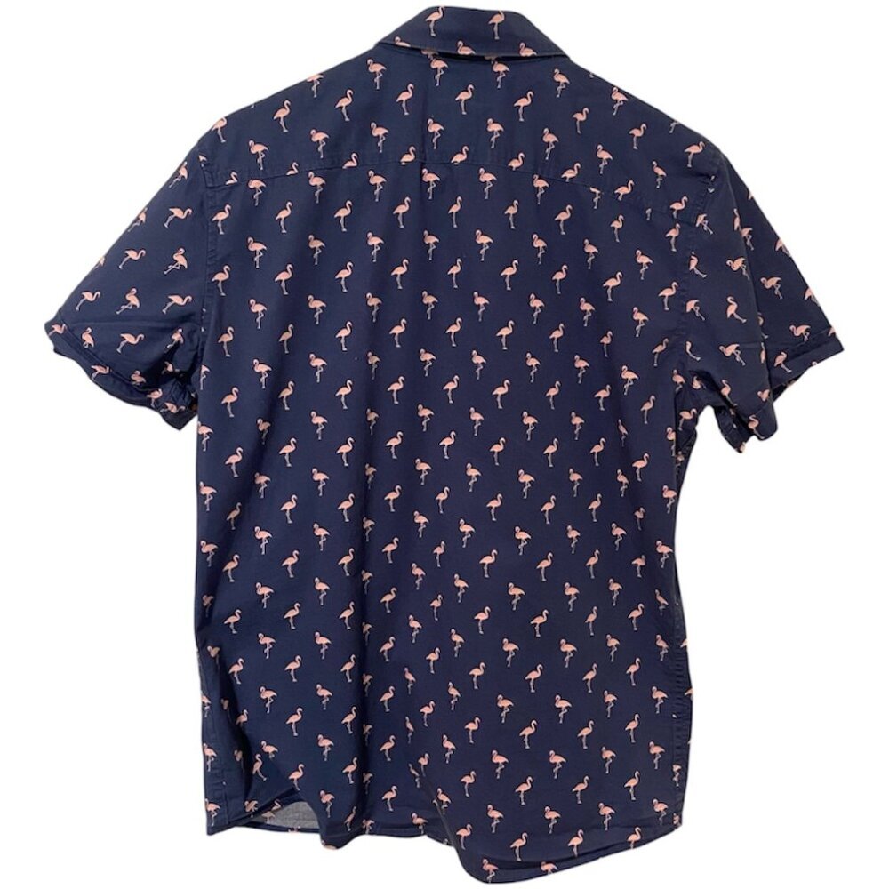 Apt 9 Men’s Small Shirt Slim Fit Premier Flex Short Sleeve Navy with Flamingos - Picture 7 of 11